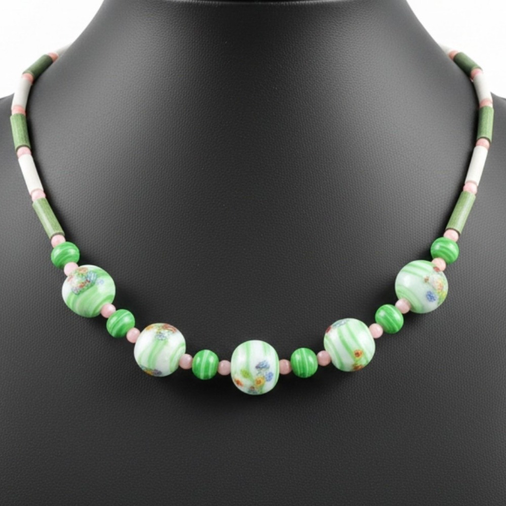 Vintage Wedding Cake Style Painted Art Glass Bead Necklace 16"